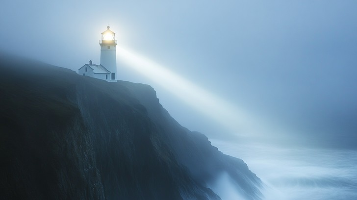 Lighthouse shining through fog over a dark coastal cliff.